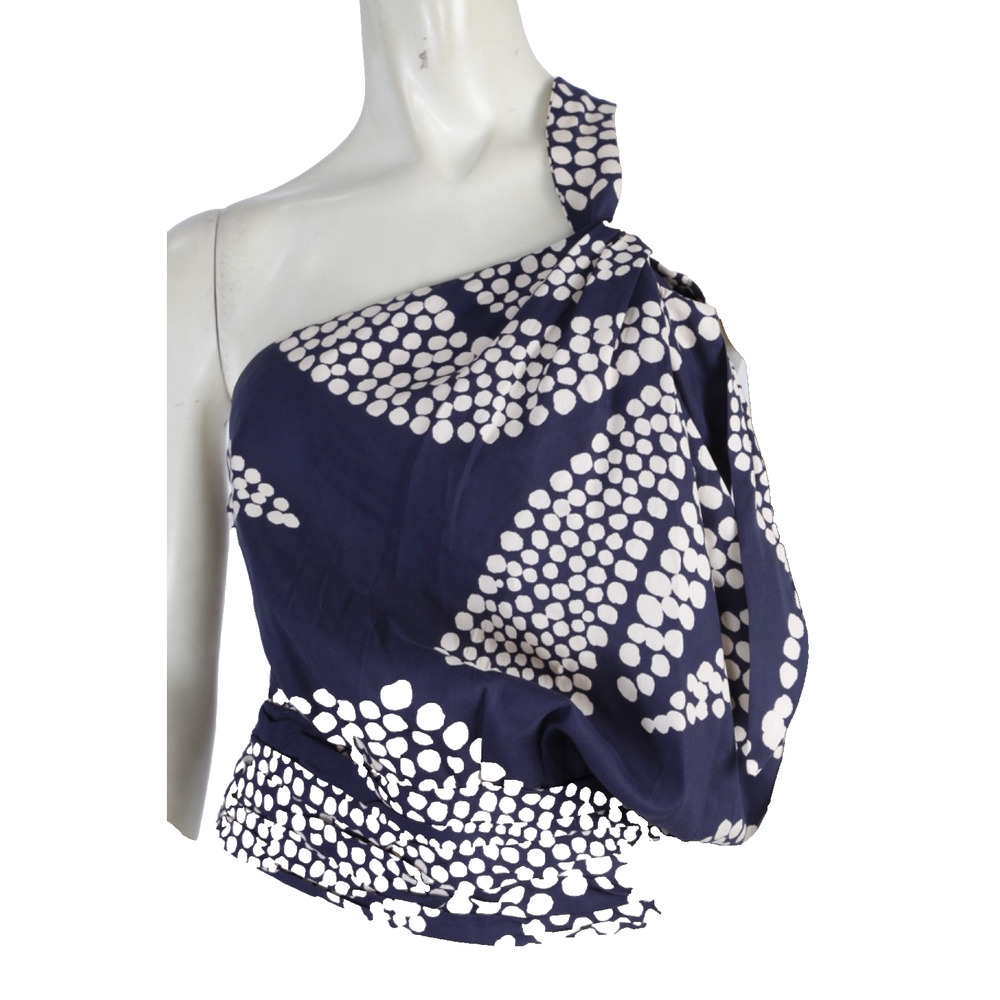 Johanna Ortiz Navy Ivory Polka Dot Silk Halter Crop Top SZ XS Ruffle Designer